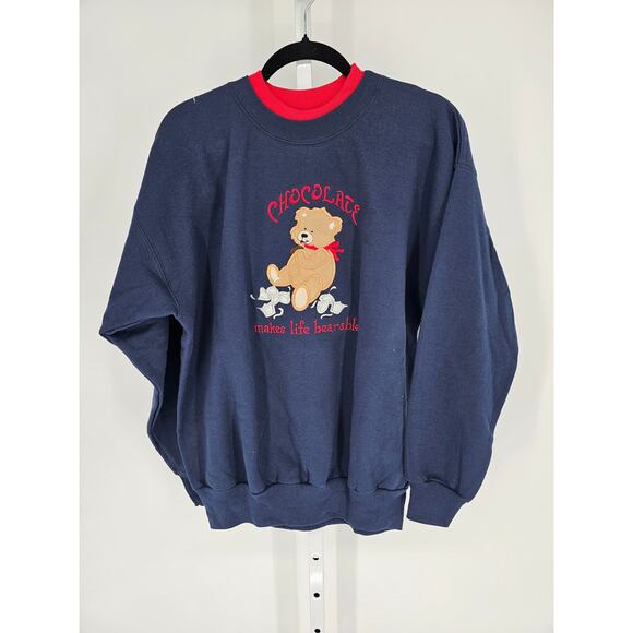 MC Energy Sportswear VTG Size L Bear Sweater Blue Chocolate Makes Life Bearable - Picture 1 of 4